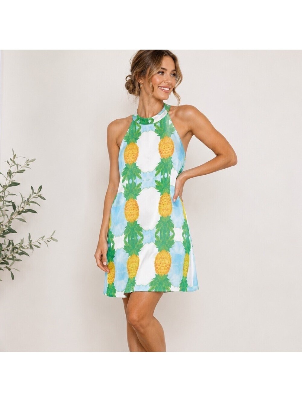Sabo Skirt Pineapple Print Halter Mini Dress M Tropical Beach Resort Summer